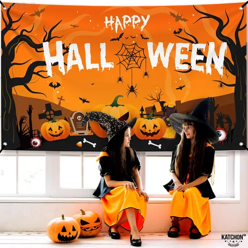 Miniatura 5 de KatchOn Pancarta extragrande de Feliz Halloween, 72 x 44 pulgadas, telón de fondo espeluznante, decoraciones de fiesta naranja y negro, pancarta