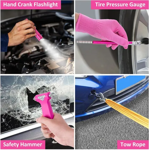 Miniatura 6 de Kit de Emergencia en Carretera para Automóvil - Kit de Emergencia de Asistencia en Carretera Rosa con Cables Puente, Juego de Herramientas