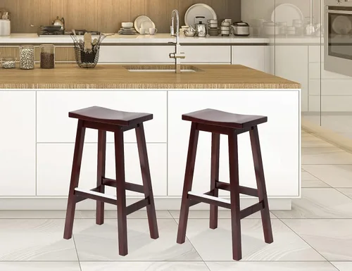 Miniatura 11 de Juego de 2 taburetes de bar de madera maciza con placas de pie de metal, taburetes modernos sin espalda de 24 pulgadas de altura para encimera