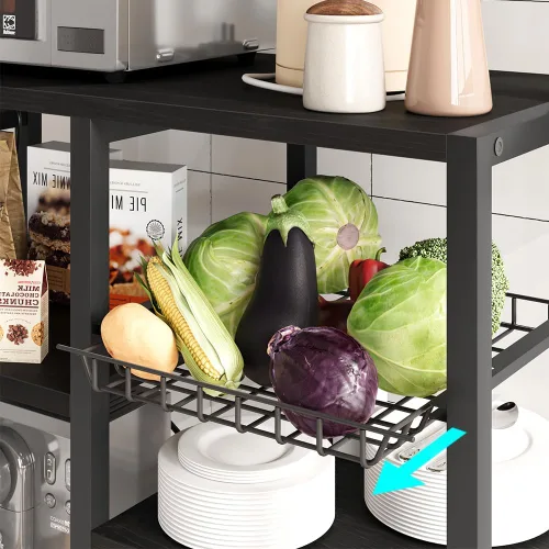 Miniatura 6 de Amyove Estante para panaderos con toma de corriente, barra de café con cajón de alambre, soporte para microondas, mesa de cocina con gran Negro