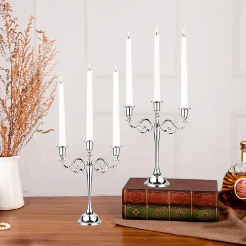 Miniatura 6 de OwnMy Candelabro de metal de 3 brazos, soporte de vela elegante para boda, mesa de comedor, Navidad, fiesta, decoración del hogar (tono plateado)
