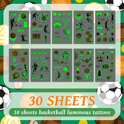 Miniatura 3 de EMOME 30 hojas de tatuajes luminosos para niños, estilos deportivos, calcomanías temporales de tatuaje con fútbol, baloncesto, fútbol, suministros