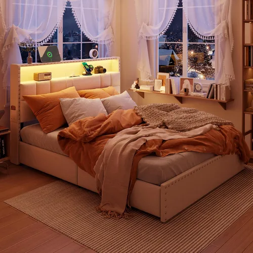 Miniatura 4 de OURPIC Base de cama Queen con 4 cajones de almacenamiento y cabecero, base de cama tapizada tamaño Queen con estación de carga y luces LED,