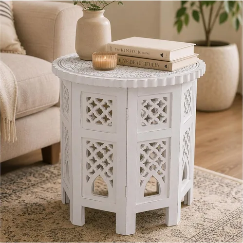 Miniatura 18 de Mesa auxiliar en madera de mango - Mesa auxiliar de madera maciza artesanal, mesa de acento tallada para decoración de sala de estar, dormitorio