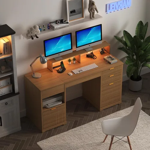Miniatura 9 de Escritorio estriado con cajones, escritorio ejecutivo de oficina en casa de 63 pulgadas con elevador, archivador, estación de carga de escritorio
