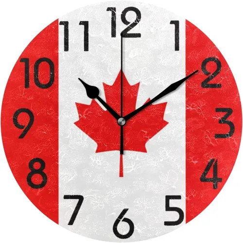Naanle Elegante reloj de pared redondo con estampado de bandera de Canadá, 9.5 pulgadas, funciona con pilas, reloj de escritorio analógico Coral