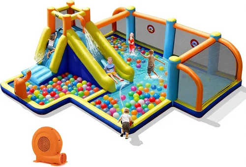 Miniatura 12 de BOUNTECH Tobogán acuático inflable, parque acuático para niños, castillo de salto de fútbol acuático con cañones dobles, piscina de salpicaduras