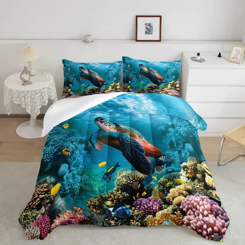 Miniatura 37 de CVHOUSE - Juego de edredón de tortuga marina, juego de cama de tortuga marina oceánica para niños y adolescentes, juego de edredón de tortuga marina