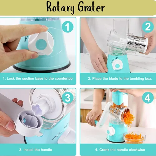 Miniatura 6 de Rallador rotativo de queso, rallador de cocina con 3 cuchillas de tambor, cortador manual de verduras y trituradora para verduras y nueces - Base