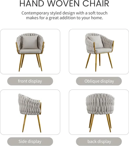 Miniatura 6 de BOSMILLER Sillas de comedor tejidas, modernas sillas de comedor con patas antideslizantes de metal dorado, respaldo alto curvado, silla de comedor