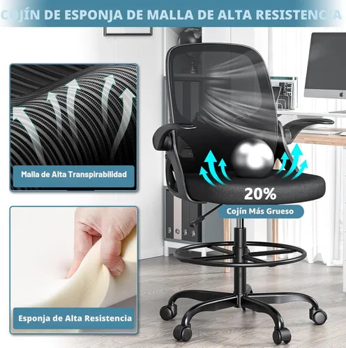 Miniatura 4 de Kensaker Silla de Dibujo Alta con Anillo Reposapiés para el Hogar y el Trabajo, Silla Ergonómica de Escritorio de Oficina para el Hogar con Brazos