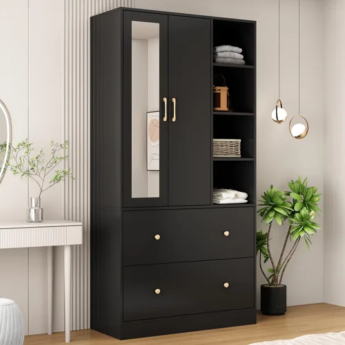 Armario con espejo, armario de 2 puertas con 2 cajones y barra extensible para colgar, organizador de ropa tipo A negro (35.5 pulgadas de ancho x