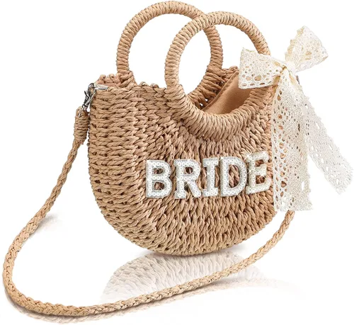Pinkunn Bolso de paja para novia, bolso tejido a mano, con parches de letras de diamantes de imitación, para despedida de soltera, luna de miel,