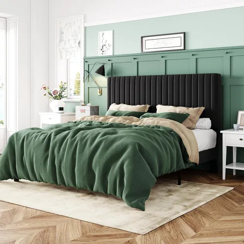 Miniatura 12 de Allewie - Base de cama tamaño King con cabecera acolchada tapizada en terciopelo y diseño acanalado vertical ajustable; plataforma de cama con base