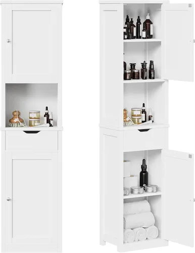Shintenchi Armario de almacenamiento alto para baño, gabinete de piso delgado de esquina con puertas y cajón, organizador de baño estrecho Blanco