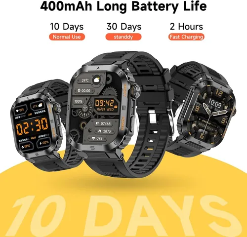Miniatura 5 de Reloj inteligente militar para hombre, pantalla HD de 2.01 pulgadas, reloj inteligente para hombre, responder/hacer llamadas, IP68 impermeable, Negro