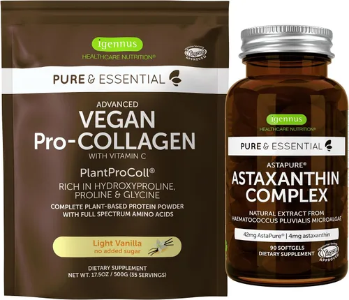 Igennus - Polvo de proteína de colágeno de vainilla vegana + paquete vegano de complejo de astaxantina, fórmula estimulante de colágeno + 4 mg de H.