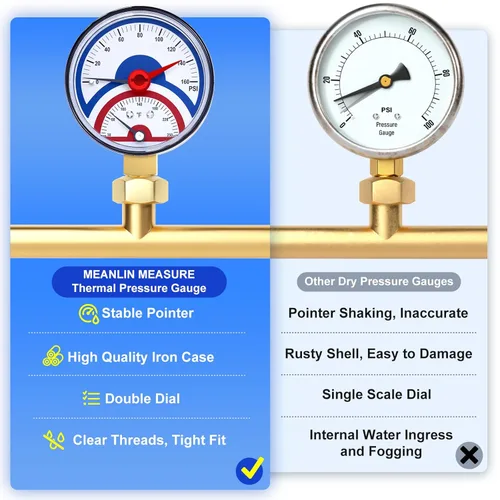 Miniatura 5 de MEANLIN MEASURE Medidor de presión térmico de 0-160 psi, esfera de cara NPT de 0-250 ℉ de 1/4 de pulgada, medidor de presión de temperatura