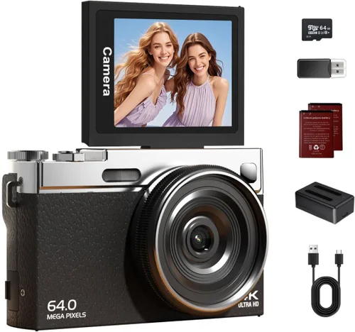 Cámara digital 4K para fotografía con tarjeta de 64 GB, cámara de enfoque automático de 64 MP para YouTube, pantalla abatible de 180° de 2.88 Negro