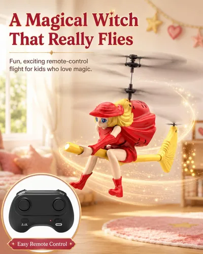 Miniatura 2 de Flying Witch Helicóptero RC para niños de 6 a 12 años, escoba mágica iluminada con retención de altitud y despegue con una tecla, juguete volador