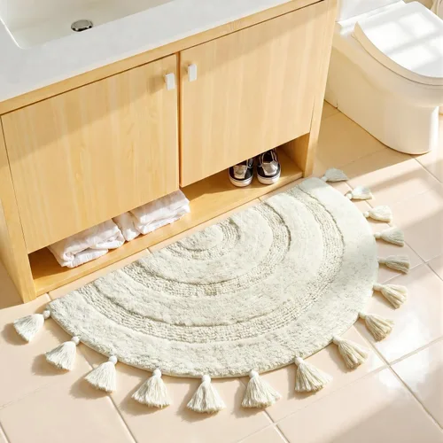 Miniatura 8 de Alfombra de baño bohemia de medio círculo con borlas, suave hecha a mano de algodón, bohemio, alfombra de baño de ganchillo, antideslizante, Crema