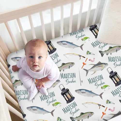 Miniatura 3 de Juego de cama personalizado para cuna para bebés niños y niñas, juego de guardería de pesca personalizado con nombre, juego de 2 piezas: edredón