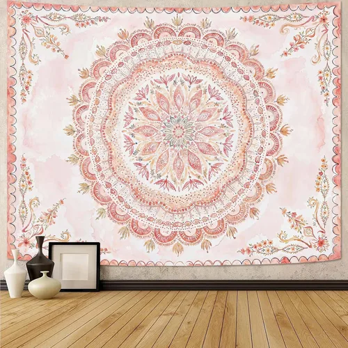 Miniatura 43 de Fowocu Tapiz bohemio con mandala floral para colgar en la pared, medallón de flores bohemias, tapiz estético, beige, naranja, hippie, indio, pequeño