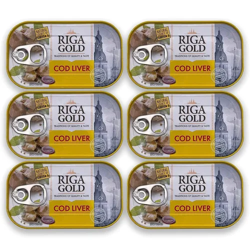 Riga Gold Hígado de bacalao en aceite propio 4.27 oz/ 121g de Islandia (paquete 6)