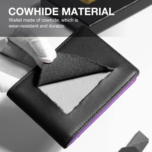Miniatura 6 de GSOIAX Billetera delgada para hombre, minimalista, de piel auténtica, fibra de carbono, bloqueo Rfid, doble tarjetero con caja de regalo, Negro