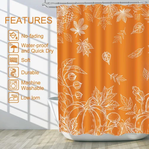 Miniatura 3 de Cortina de ducha de hojas de otoño, cortinas de calabaza para baño, cortina de baño impermeable naranja feliz otoño con ganchos para decoración, 60