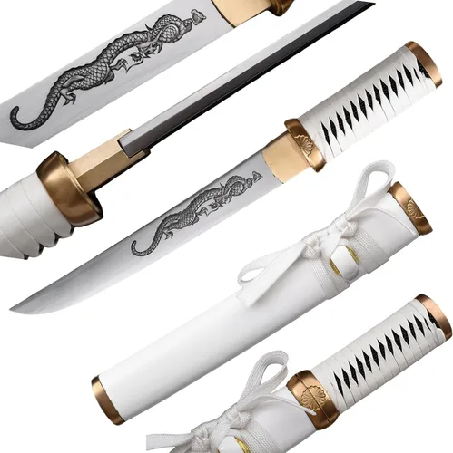 Miniatura 11 de Hoja de crisantemo japonesa real hecha a mano tanto corta katana samurái real de 13 pulgadas 1065 hoja de acero de resorte de acero de espiga