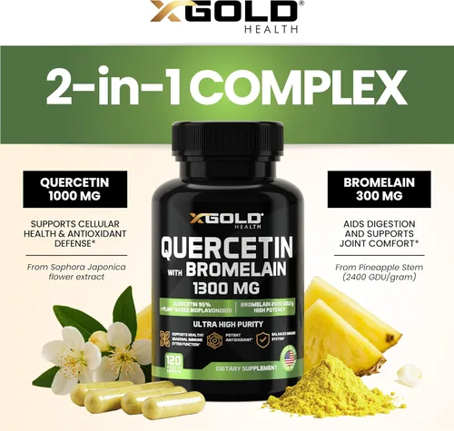 Miniatura 3 de Quercetina + Bromelina 1,300 mg Quercetina: 95% - Altamente purificada y altamente biodisponible más bromelina 2,400 GDU/g - Hecho en Estados Unidos