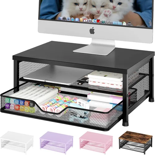 Miniatura 10 de OPNICE - Organizadores y accesorios de escritorio, con soporte de monitor de computadora de 2 niveles, cajón y 2 soportes para bolígrafos, Roble