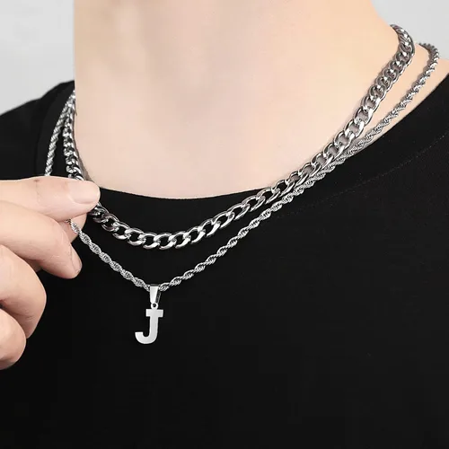 Miniatura 15 de SENRAN Collar con inicial en capas de la A a la Z para hombre, cadena de cuerda torcida de acero inoxidable de 18 a 20 pulgadas, dije de letra