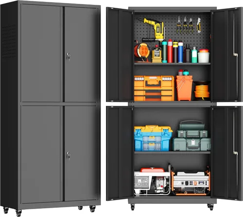 Miniatura 20 de Armario de Almacenamiento de Metal para Garaje con Ruedas, Armario para Escobas con Cerradura con Estantes Ajustables, Gabinete de Herramientas