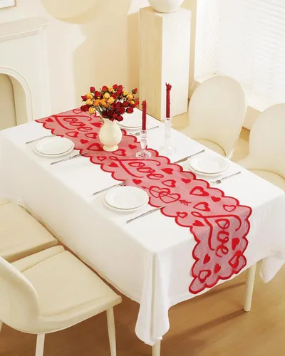 Miniatura 32 de Camino de mesa para el día de San Valentín, decoración del día de San Valentín, 70 pulgadas de largo, bordado rojo y rosa, camino de mesa de corazón