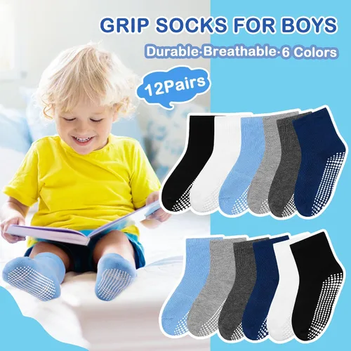 Miniatura 6 de Tphon Calcetines para Niños Pequeños, Calcetines Antideslizantes para Bebés para Niños y Niñas, 12 Pares de Calcetines para Niños Infantes de 6M-10