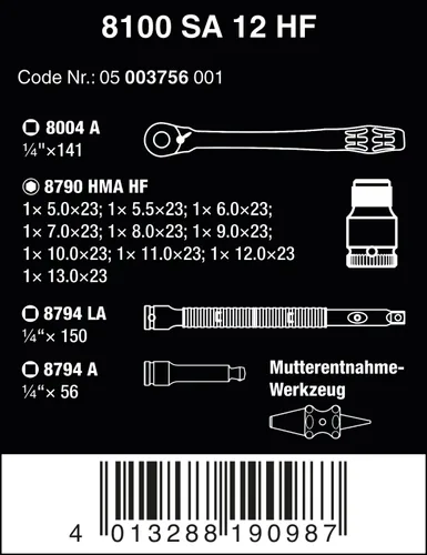Miniatura 3 de Wera 05003756001 8100 SA 12 HF Zyklop Juego de trinquete metálico con palanca de interruptor, 1/4" accionamiento, métrico, 13 piezas