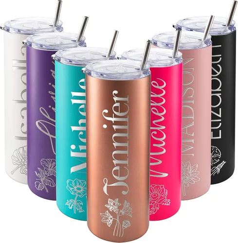 Vaso delgado personalizado, popote, tapa y cepillo incluidos, oro rosa de 20 onzas, regalos personalizados para mujeres, regalo para mamá, vaso