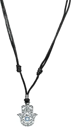 BlueRica Hamsa - Colgante de mano de Fátima y ojo de sol azul en collar ajustable de cuerda negra acabado cromo Fibra natural