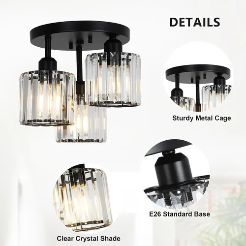Miniatura 2 de PAUFUL Lámpara de Techo Semiempotrada de Cristal, Lámparas de Techo Modernas de 3 Luces Cerca del Techo, Lámparas de Cocina Negras con Pantalla