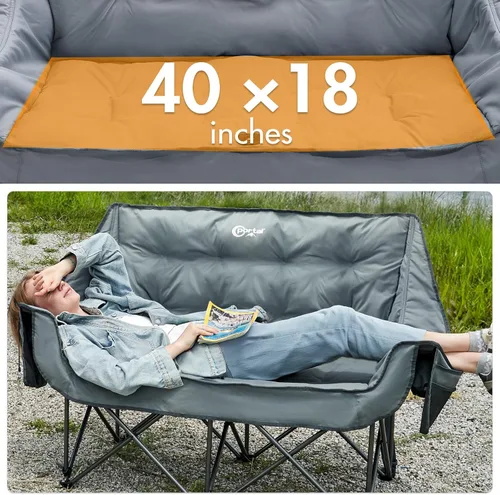 Miniatura 5 de Portal Silla de campamento doble, sofá biplaza plegable para 2 personas para adultos, cojín acolchado, para campamento, césped, sofá portátil
