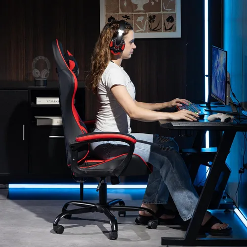 Miniatura 2 de Silla gamer de piel sintética con masaje, para PC y videojuegos, con soporte lumbar para hombres y mujeres, para el hogar y la oficina, altura Rojo