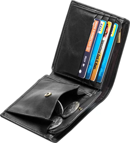 Miniatura 5 de Billetera plegable de cuero genuino con bloqueo RFID para hombres con cremallera y bolsillo para monedas L