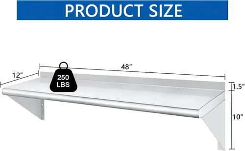 Miniatura 3 de HARDURA Estante de acero inoxidable de 12 x 48 pulgadas, estantes comerciales de 250 libras, estantería de metal para montaje en pared con protector