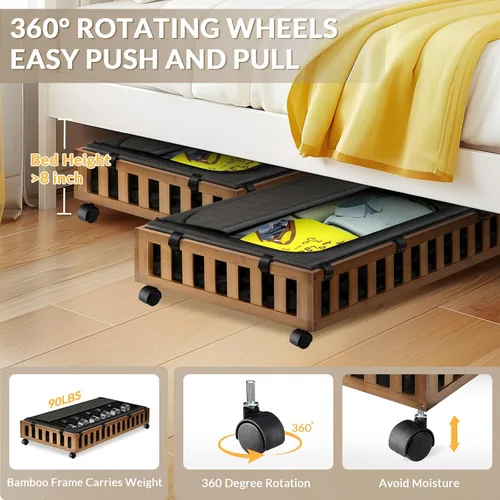Miniatura 4 de Gashell Paquete de 2 Almacenamiento de Bambú Bajo la Cama con Ruedas, 39"x20"x7.8" Contenedores de Almacenamiento Grandes Bajo la Cama (Marrón)