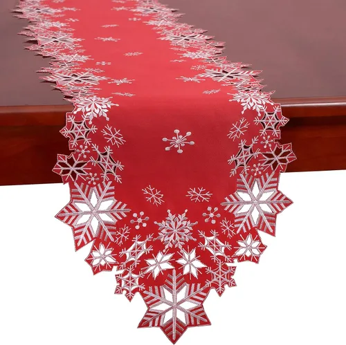 Miniatura 6 de Caminos de mesa bordados con copos de nieve para Navidad e invierno (rojo, 14 x 34 pulgadas)