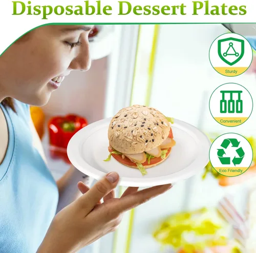 Miniatura 3 de Platos de papel pequeños, paquete de 200 platos de papel de 7 pulgadas, platos desechables para pastel de postre, platos 100% compostables hechos