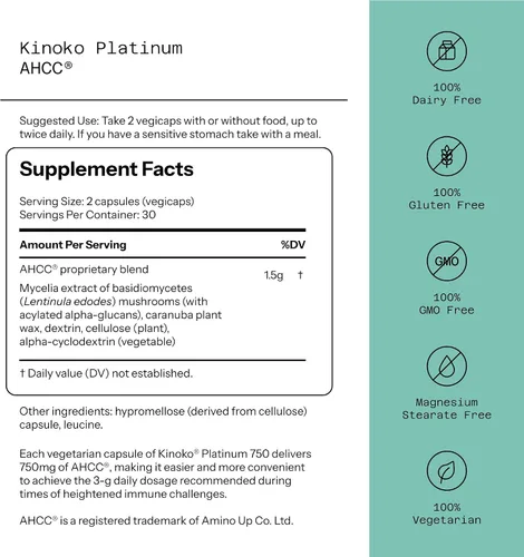 Miniatura 2 de Quality of life. Ahcc Kinoko Platinum. Extracto de hongos 0.026 oz 60 cápsulas, 812259003370, 1