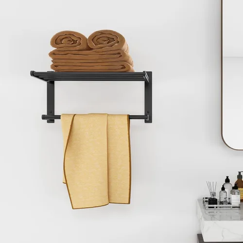 Miniatura 6 de Estante de baño con toallero, toalleros de metal de 16 pulgadas para montaje en pared de baño, toallero a prueba de óxido con estante soporte